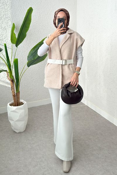 Salih Çelebi Fixed Belted Felt Vest 3031 - Stone Color
