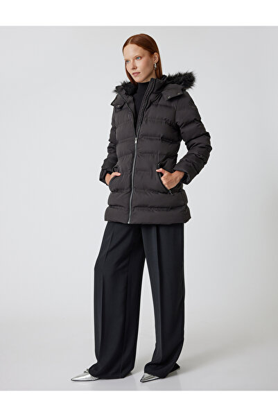 Koton Hooded Puffer Coat - Faux Fur with Pockets and Zipper