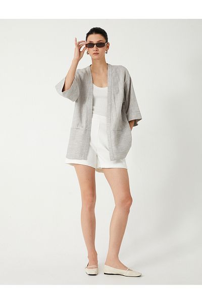 Koton Linen Blended Kimono Short Wide Sleeve Pocket