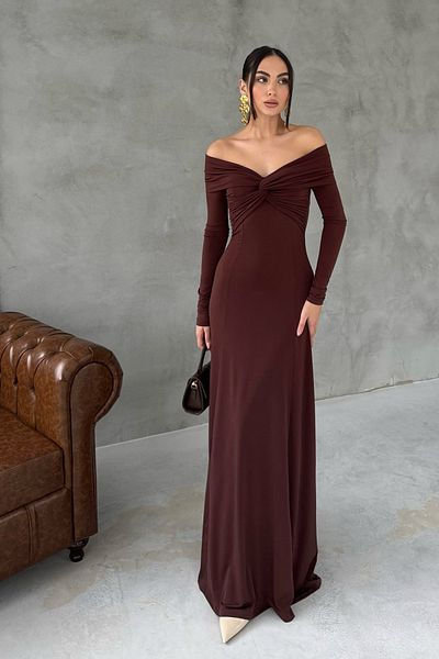 Seda Yalçın Atelier Madonna Collar Lipari Brown Long Dress