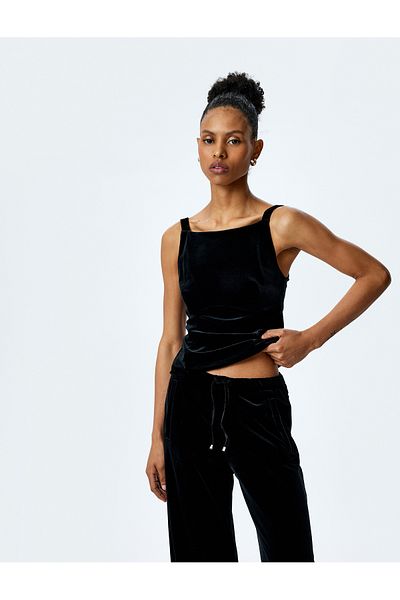 Koton Slim Fit Thick Sling Velvet Blouse with Bow Detail on the Back