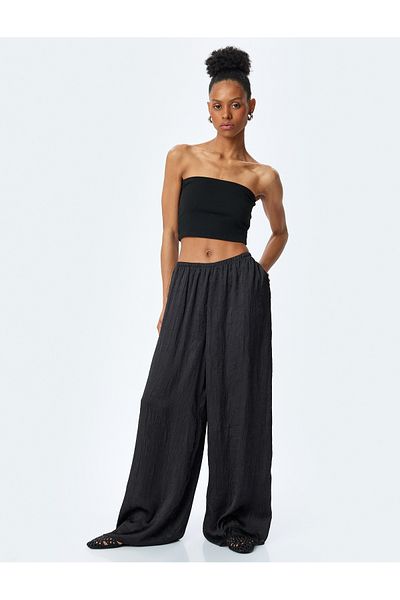 Koton Wide Leg High Waist Trousers with Elastic Waist Pockets