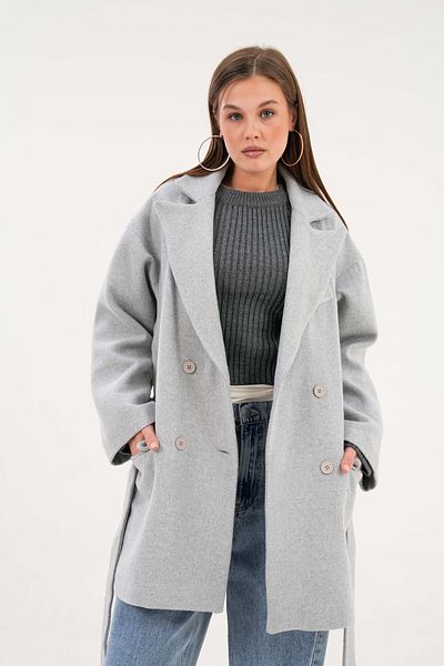 Saade Double Breasted Cashed Coat with Gray Pocket Belt