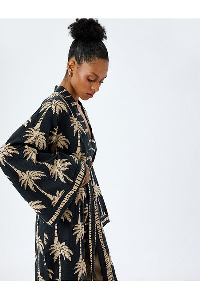 Koton Viscose Cotton Blended Palm Print Long Kimono with Belt