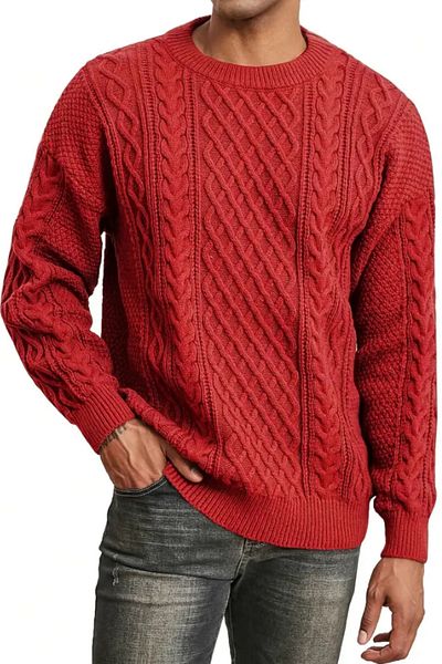 Tarz Cool Men's Red Hair Braided Run Regular Fit Crew Neck Knitwear Sweater