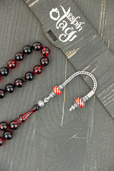 Tesbih Otağı Globe Cut Special Design Silver Tufted Fire Amber Prayer Beads