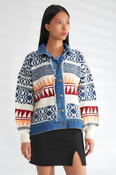 Robin Γυναικεία πλεκτά πουλόβερ ζακέτα Navy Blue Tok Texture oversized - Χρώμα κόκκαλο