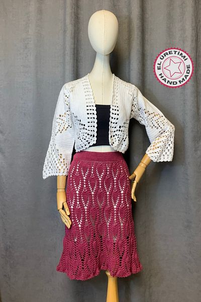 Uretti - Fusta de damă Yıldız 7202 din bumbac tricotată manual roșu claret - 40/42