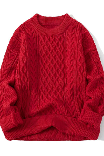 Tarz Cool Men's Red Hair Braided Run Regular Fit Crew Neck Knitwear Sweater