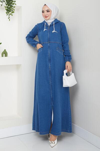 hafsamina Ferace din denim cu glugă albastru închis - HM2653