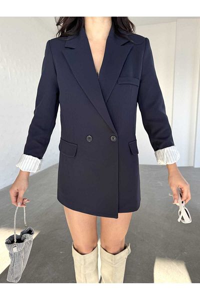 MYGİYİMİSTANBUL Blazer Jacket Women-Button Detail Striped Inner Lining Blazer Jacket