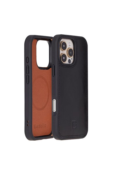Bouletta Apple iPhone 16 Pro uyumlu, Hakiki Deri, El Yapımı Kılıf, Parlak Siyah