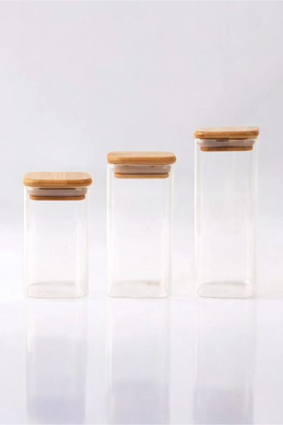 Bonjour Bambu Kapaklı Kare Borosilikat Kavanoz 3'lü Set