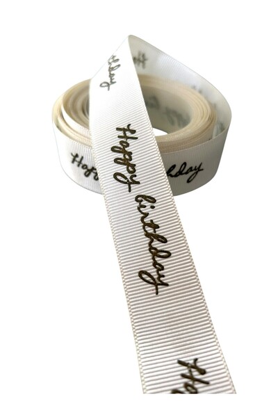 ÖZ-EL AŞ Happy Birthday Kahverengi Baskılı Kırık Beyaz Grogren Kurdele 1 mt 2...