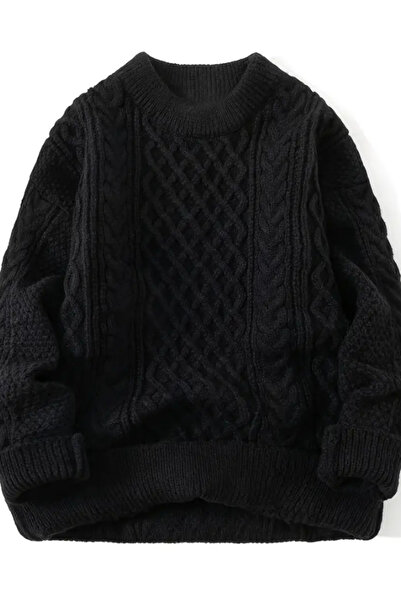 Tarz Cool Men's Black Hair Braided Run Regular Fit Crew Neck Knitwear Sweater