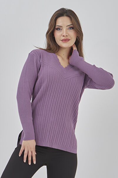 Elçelya Moda Kadın Triko Lila V Yaka Kışlık Esnek Anne Kazak