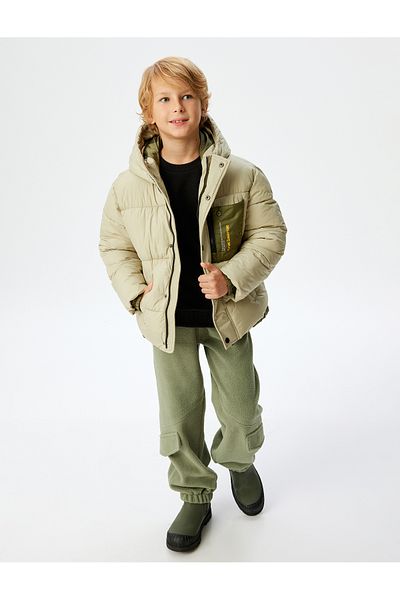Koton Wind Cap Hooded Puffer Jacket - Ce Detailed Applique