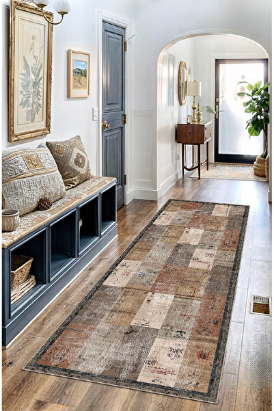 BigArts Home Kahverengi Patchwork Salon Mutfak Halısı Yolluk ve Yuvarlak Kaym...