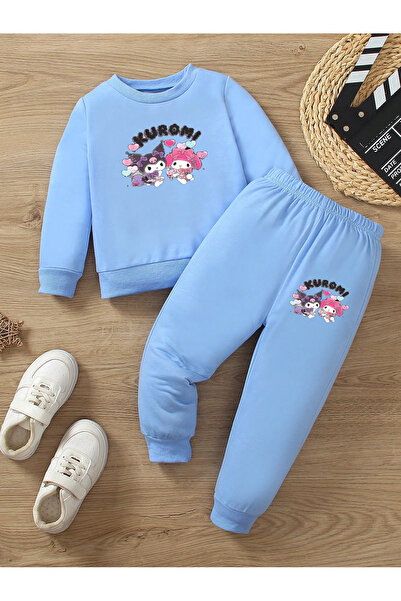coolart Kuromi Pamuk Çocuk Takım - Bebe Mavi Sweatshirt Jogger Baskılı Kız Er...