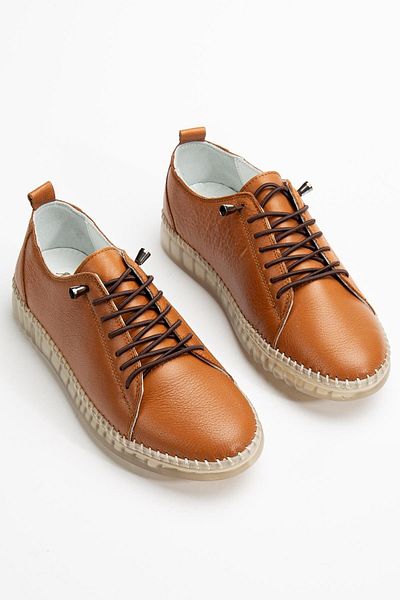 Dilimler Ayakkabı Orthopedic Genuine Leather Women's Shoes - Tan Transparent, Elastic Laced