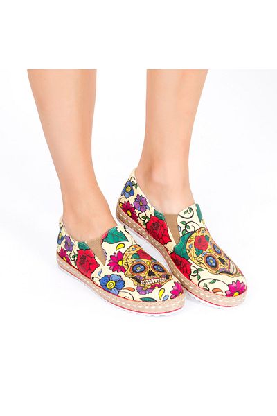 Streetfly Pantofi de damă din in, cu design cu cranii colorate imprimate