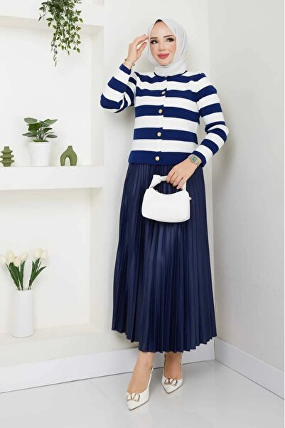 bm bessomoda fashion boutique Γυναικείο Πλεκτό Μπλε Navy Ζακέτα Πλισέ Φούστα