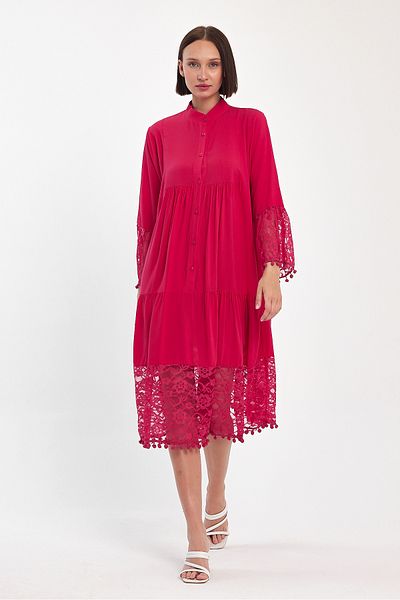 Denismoda Rochie midi pentru femei, cu mâneci și tiv, cu guler de judecător, cu detaliu din dantelă