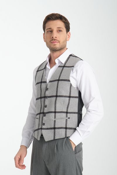 Frappoli Plaid Patterned V-Neck Vest Slim Fit