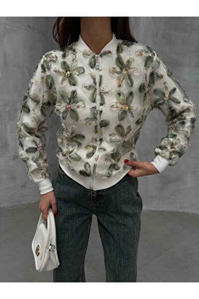 Butik Beyza Jachetă din țesătură din tul cu broderie completă