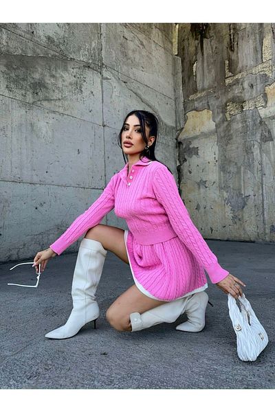 Cistern İstanbul Women's Pink Polo Neck Stripe Detailed Skirt Sweater Double Set