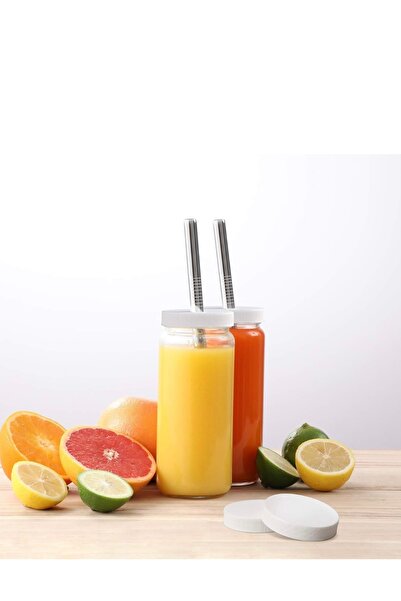 Yenigeldi 1 Piece 480ml (Pipet and 2 Lid) Glass Cup with Steel Straw, Airtight Cover, Juice