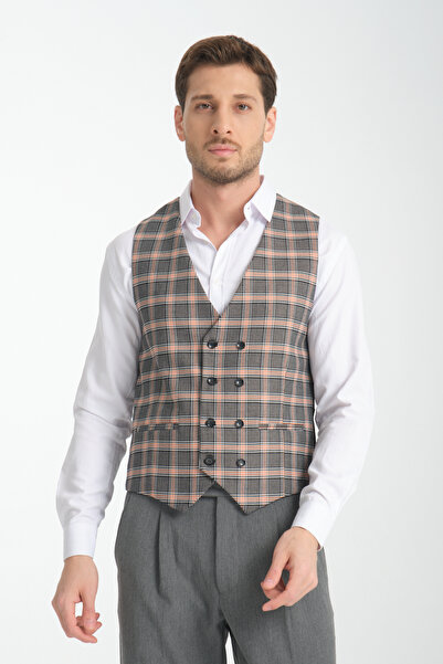 Frappoli Black-Hardal Plaid Print V-Neck Double Breasted Vest Slim Fit