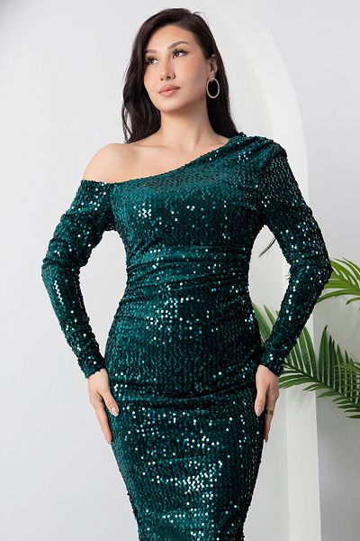 PULLIMM Off-Shoulder Sequin Velvet Dress Grs3650
