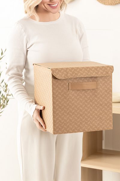 REKHOME صندوق تخزين قابل للطي بنمط متعرج باللون البيج مع غطاء داخل الخزانة ومنظم ألعاب الغسيل