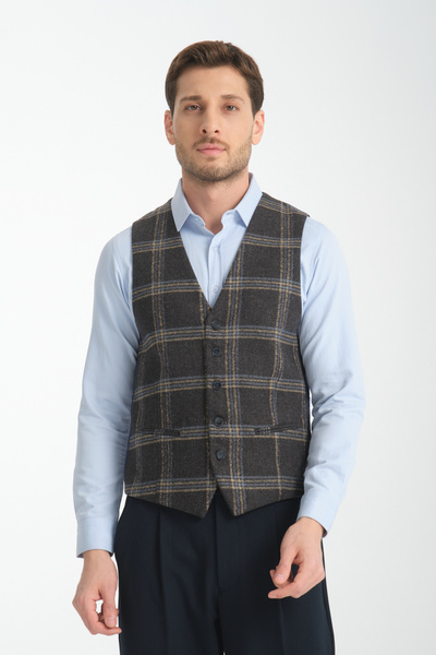 Frappoli Ekose Desenli V Yaka Yelek Slim Fit