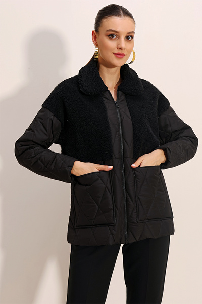 Bigdart 5182 Peluş Detaylı Oversize Şişme Mont - Siyah