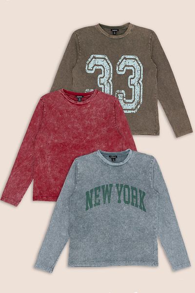 FOR YOU MODA 3-Piece Printed Burgundy Gray Brown Washed Long Sleeve Tshirt