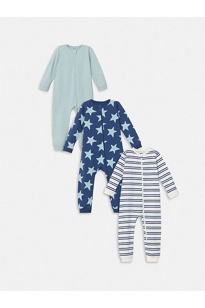LC Waikiki Lcw Baby Navy Blue Crew Neck Striped Baby Boy Romper 3Pcs
