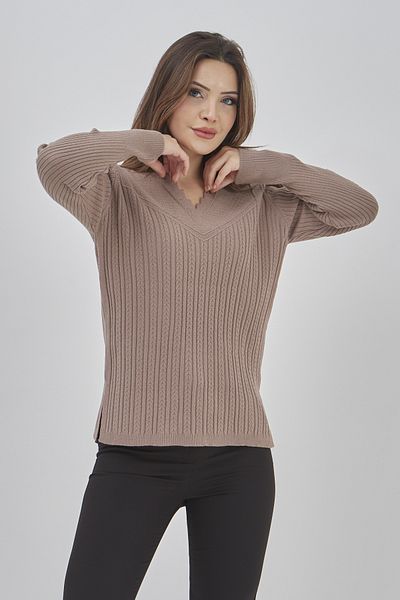 Elçelya Moda Дамски трикотаж, бежов, с V-образно деколте, зимен, гъвкав пуловер за майки