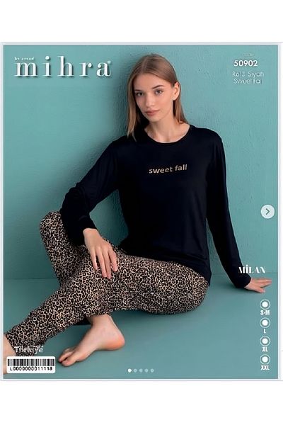 Mihra Mi̇hra Black Leopard Patterned Milan Pijama Suit