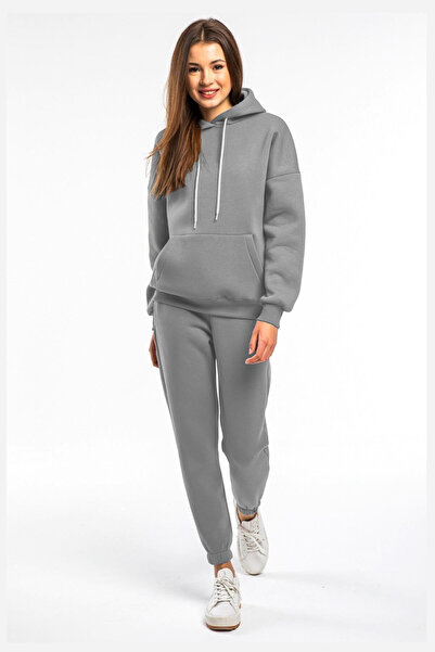 YAKAMEL Γυναικείο μαύρο σετ φόρμας με κουκούλα από φλις με 3 κλωστές