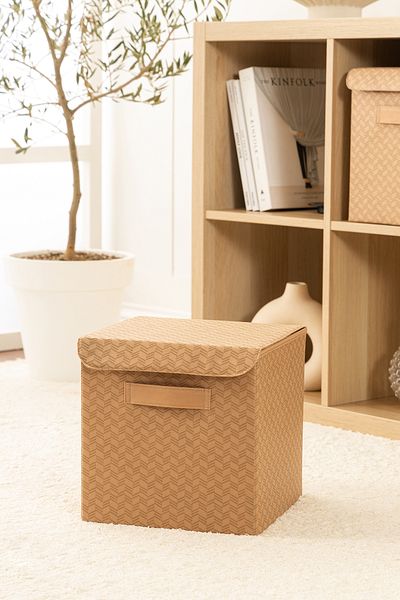 REKHOME صندوق تخزين قابل للطي بنمط متعرج باللون البيج مع غطاء داخل الخزانة ومنظم ألعاب الغسيل