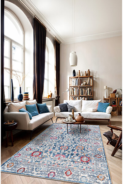 BigArts Home Mavi Soft Pastel Vintage Desenli Salon Halısı, Dokuma Taban Deko...