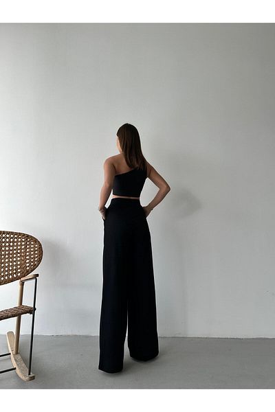 ZEYNEP RANA Women's Licrated Cirt Closure Palazzo Pants Bol Legs High Waist Pants