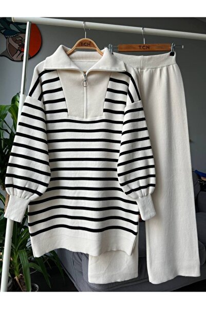 DARLİNG COLLECTİON طقم تريكو مخطط بسحاب