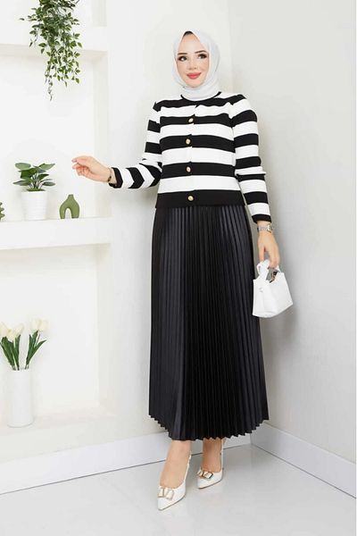 bm bessomoda fashion boutique Γυναικεία Μαύρη Πλεκτή Ζακέτα Πλισέ Φούστα