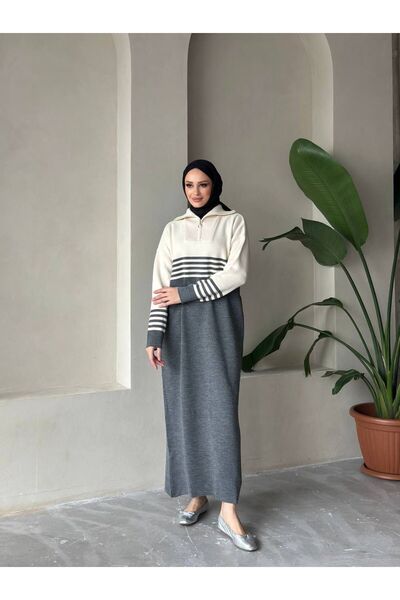 Bahar Altundemir Kadın Fermuar Yakalı Çizgili Uzun Tesettür Triko Oversize El...