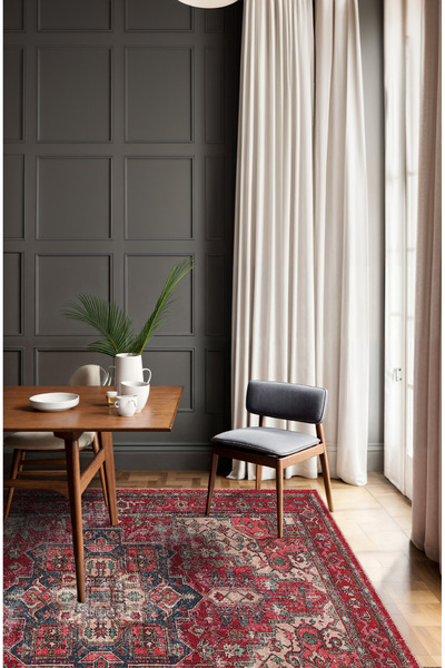 BigArts Home Kırmızı Soft Pastel Vintage Desenli Salon Halısı, Dokuma Taban Dekoratif Şönil Halı