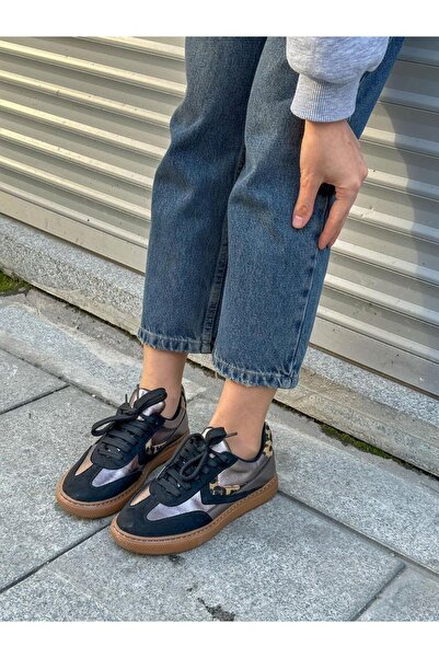ERVANIN BUTİĞİ Siyah Cilt (Wins) Leoparlı Bağcıklı Kadın Sneakers