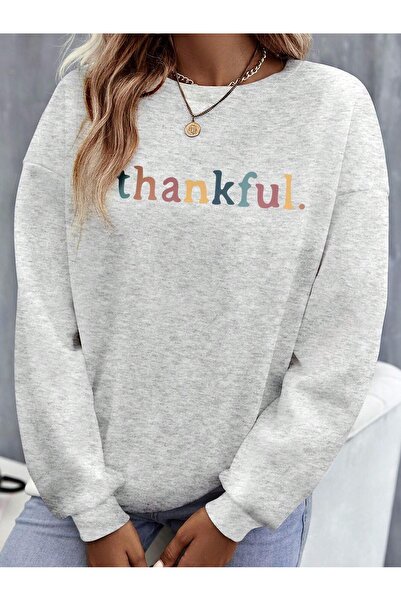 PALPİTO Ženska siva majica "Thankful" Štampano okrugla kragna Oversize kroj